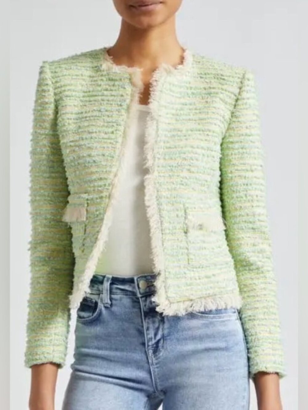 NWT L'AGENCE Angelina Fray Tweed Blazer Jacket Light Green Multi Size 0